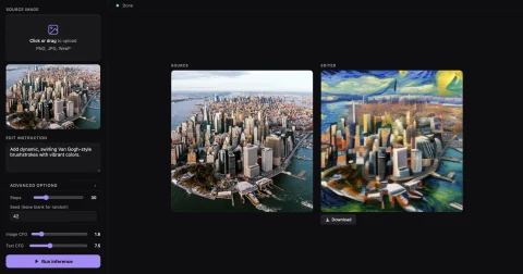 Diffusion image editor showing a city photograph transformed into a Van Gogh-style painting