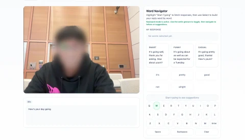 VoiceLink interface with a camera view, suggested responses, and a gesture-controlled keyboard
